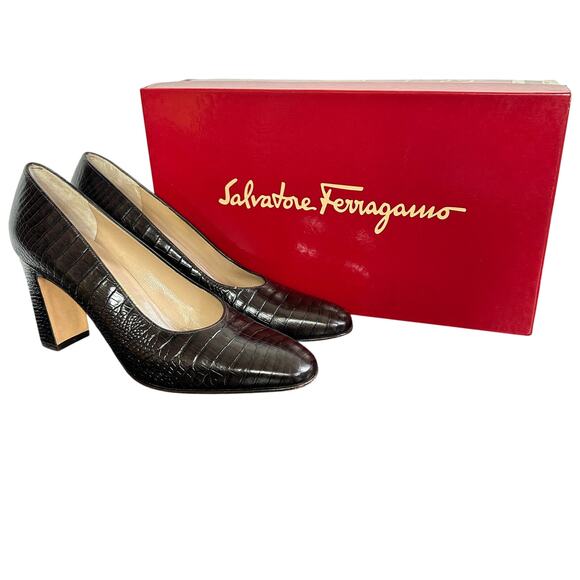 Salvatore Ferragamo Shoes - Vintage 90s Salvatore Ferragamo Brown Faux Croc Tall Chunky Heel Pumps ITALY 7.5